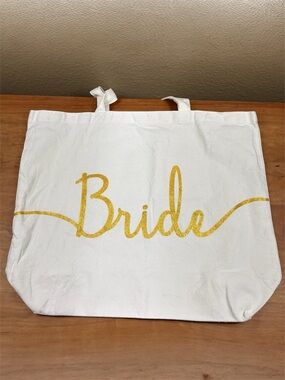 Bride Canvas Tote Bag in White with Gold Script